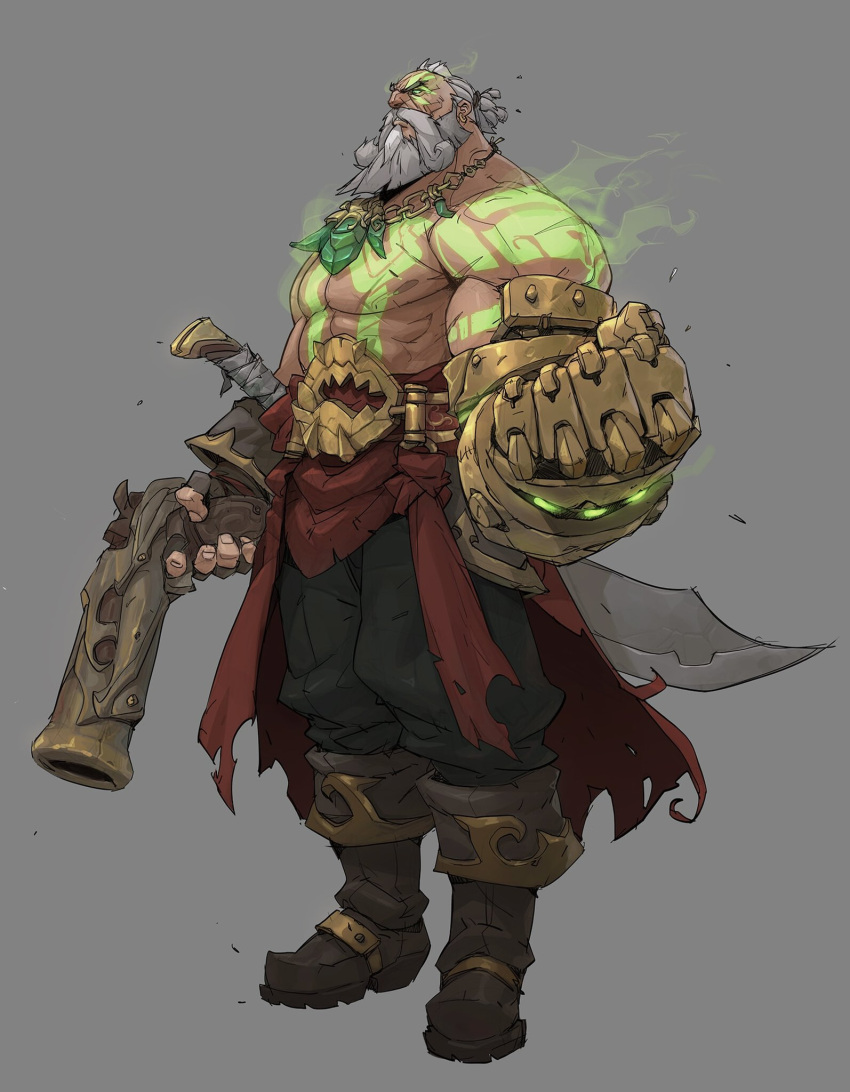 1boy, bangs, bare_shoulders, beard, belt, black_pants, boots, brown_footwear, chain, clenched_hand, earrings, facial_hair, full_body, gangplank_(league_of_legends), gauntlets, glowing, glowing_eye, grey_background, grey_hair, gun, hicham_habchi, highres, holding, holding_gun, holding_weapon, jewelry, knee_boots, league_of_legends, male_focus, muscular, muscular_male, necklace, pants, ruined_king:_a_league_of_legends_story, short_hair, simple_background, solo, standing, sword, weapon