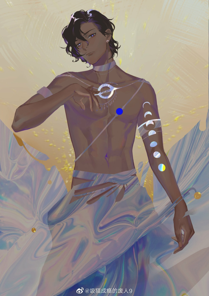 1boy, abig33, arjuna_(fate), arm_tattoo, bangs, black_eyes, black_hair, chest_tattoo