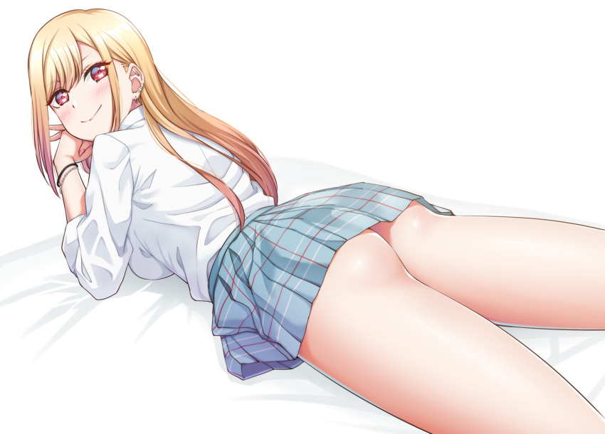 1girl, ass, back, bangs, bed_sheet, blonde_hair, blue_skirt, blush, bracelet, breasts, cowboy_shot, dress_shirt, ear_piercing, earrings, elbow_rest, fingernails, from_behind, gradient_hair, hair_behind_ear, hands_up, highres, hoop_earrings, jewelry, kitagawa_marin, long_hair, long_sleeves, looking_at_viewer, looking_back, lying, mibushiro, microskirt, multicolored_hair, on_stomach, own_hands_together, parted_bangs, pearl_bracelet, piercing, pink_nails, plaid, plaid_skirt, pleated_skirt, red_eyes, school_uniform, shiny, shiny_skin, shirt, sidelocks, skirt, smile, solo, sono_bisque_doll_wa_koi_wo_suru, stud_earrings, thighs, white_shirt, wristband