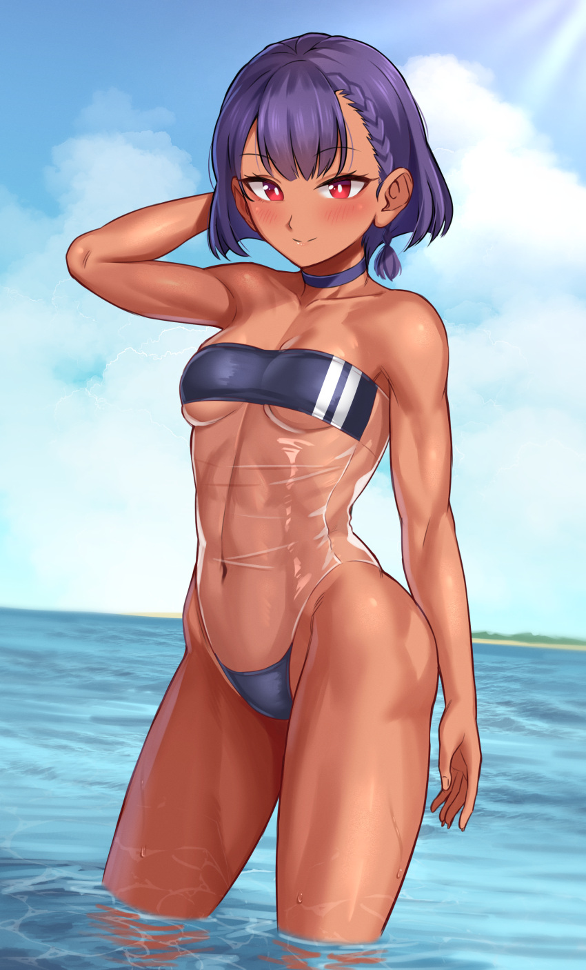 1girl, absurdres, arm_behind_head, arm_up, bangs, blunt_ends, blush, bob_cut, braid, breasts, casual_one-piece_swimsuit, caustics, choker, collarbone, contrapposto, covered_navel, dark-skinned_female, dark_skin, day, english_commentary, eyebrows_visible_through_hair, gris_swimsuit, hair_behind_ear, highleg, highleg_swimsuit, highres, hip_bones, horizon, looking_at_viewer, meme_attire, navel, ocean, one-piece_swimsuit, original, outdoors, purple_hair, red_eyes, see-through, short_hair, side_braid, small_breasts, smile, solo, standing, strapless, strapless_swimsuit, sunlight, swimsuit, toin_(koto54576897), under_boob, wading, water, wet