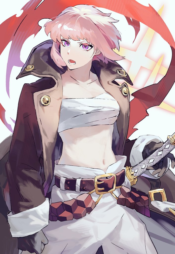 1girl, alchemy_stars, bandages, bandeau, bangs, belt, black_coat, black_gloves, brown_belt, chest_sarashi, clenched_hand, coat, collarbone, commentary_request, cowboy_shot, gloves, hiiro_(alchemy_stars), katana, long_sleeves, looking_at_viewer, mai_(smr74723186), midriff, open_clothes, open_coat, open_mouth, pants, pink_hair, sarashi, short_hair, solo, standing, stomach, strapless, sword, tube_top, violet_eyes, weapon, white_background, white_pants