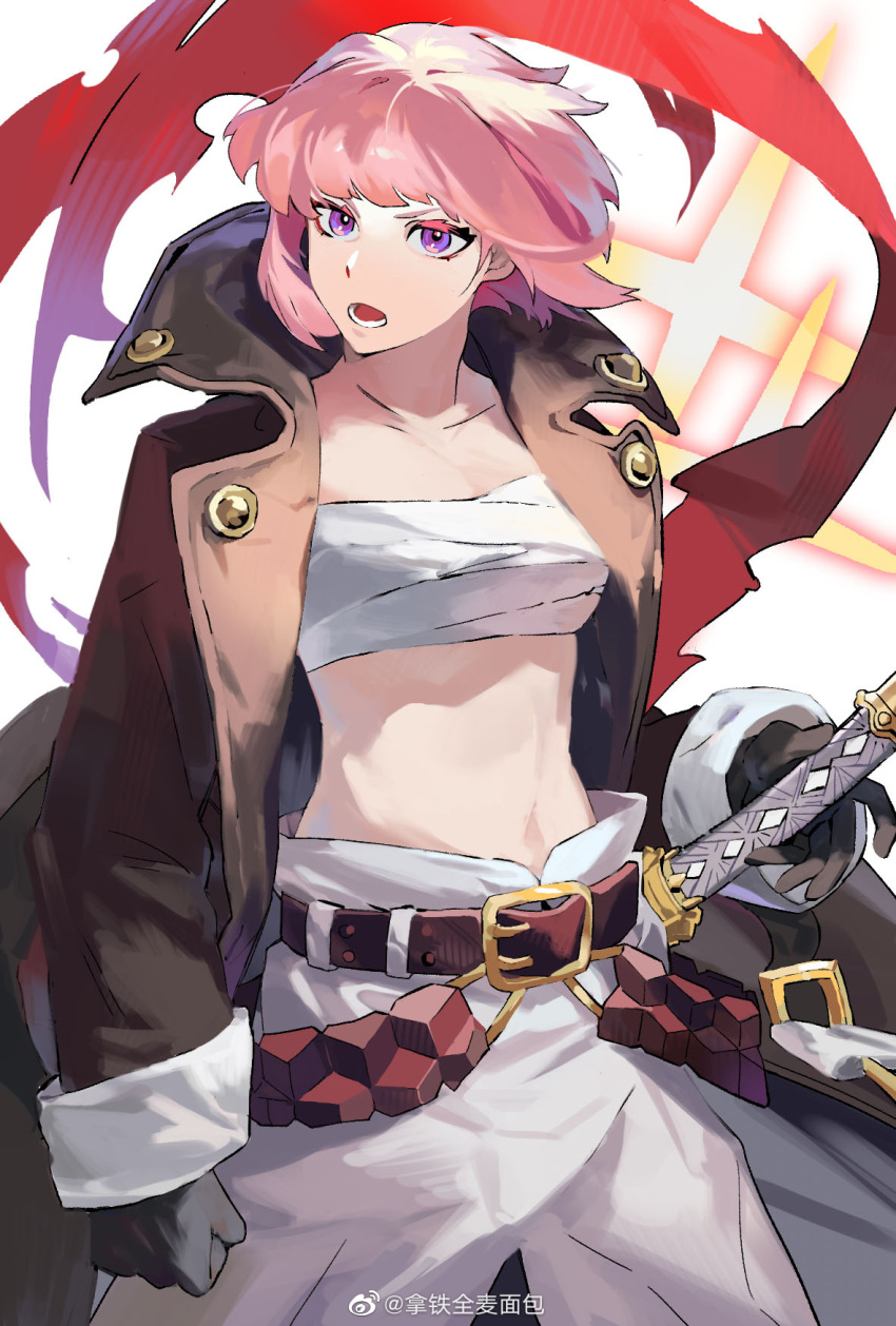 1girl, alchemy_stars, bandages, bandeau, bangs, belt, black_coat, black_gloves