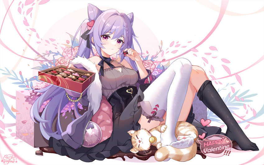 1girl, asymmetrical_legwear, black_legwear, black_skirt, blush, box, box_of_chocolates, bracelet