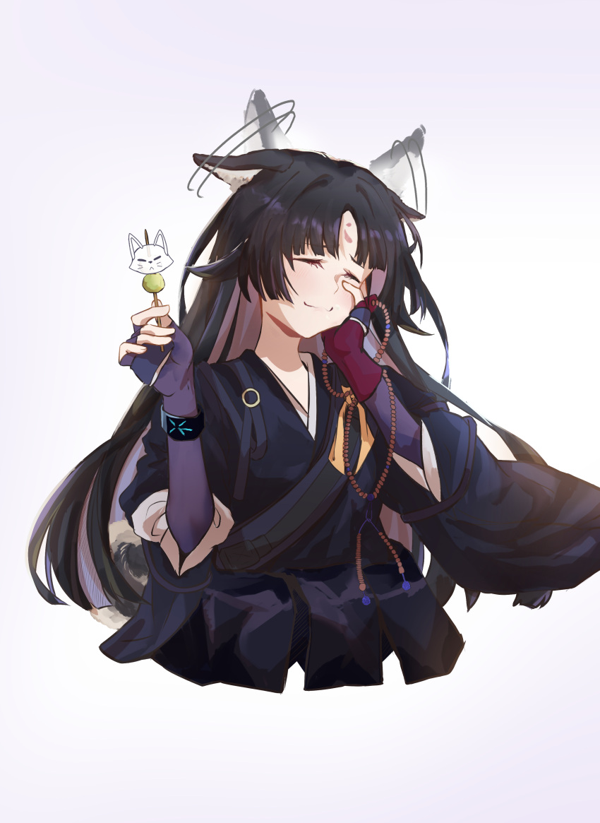 1girl, absurdres, animal_ears, arknights, bangs, beads, black_hair, black_kimono, blush, closed_eyes, commentary, cropped_torso, dog_ears, eyebrows_visible_through_hair, facial_mark, fingerless_gloves, food, forehead_mark, gloves, gradient, gradient_background, hand_on_own_cheek, hand_on_own_face, hands_up, highres, holding, holding_food, infection_monitor_(arknights), japanese_clothes, kimono, long_hair, long_sleeves, prayer_beads, purple_background, saga_(arknights), smile, solo, upper_body, white_background, yukikitsune_kuutachibana
