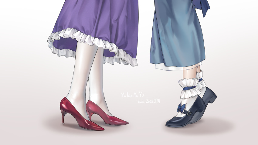 2girls, absurdres, baozishark, black_footwear, blue_dress, dated, dress, frilled_dress, frills, from_side, gradient, gradient_background, high_heels, highres, lower_body, multiple_girls, pantyhose, purple_dress, red_footwear, saigyouji_yuyuko, socks, standing, touhou, white_background, white_legwear, yakumo_yukari, yuri