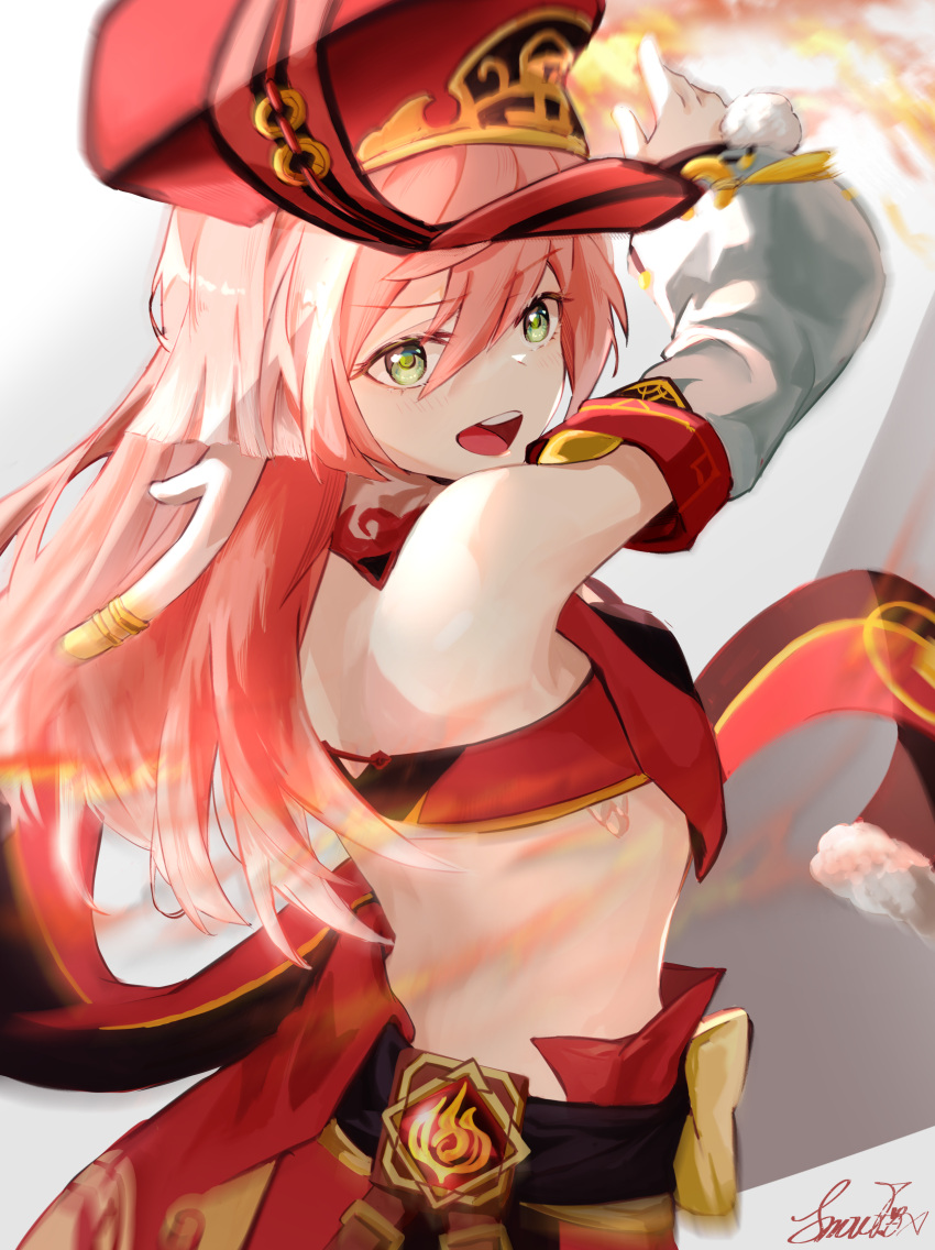 1girl, :d, absurdres, bangs, bare_shoulders, commentary, crop_top, detached_sleeves