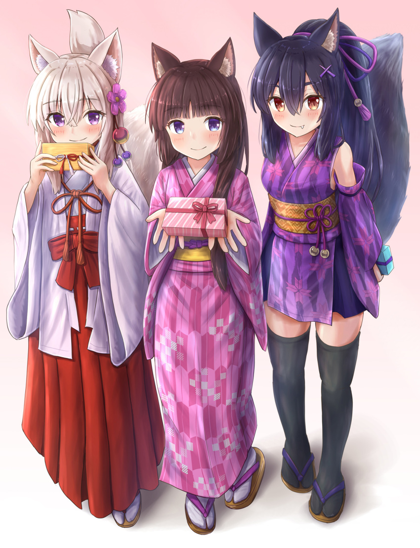 3girls, animal_ear_fluff, animal_ears, arms_behind_back, bangs, bare_shoulders, black_hair, blunt_bangs