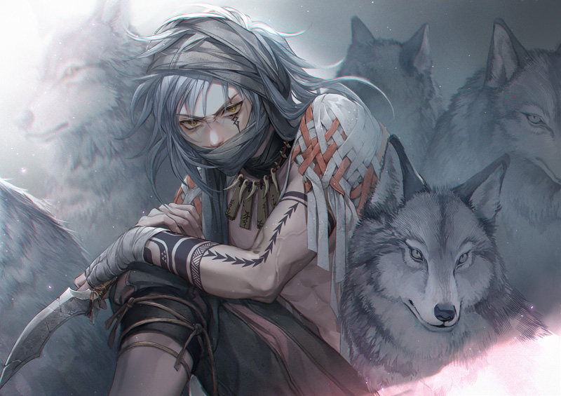 1boy, animal, animal_ears, bandages, collar, dagger, fang_necklace, holding