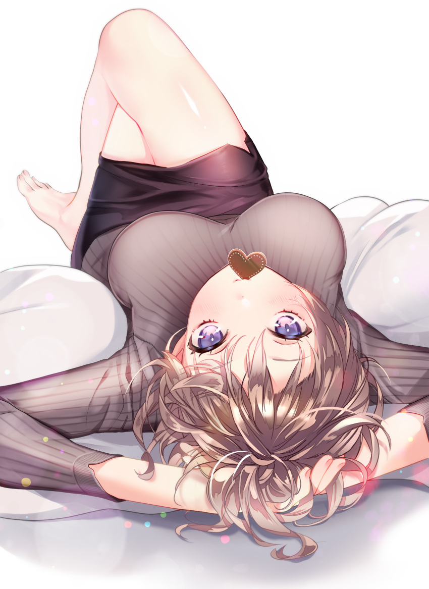1girl, absurdres, arms_behind_head, arms_up, bangs, barefoot, bed_sheet, black_skirt, blush, breasts, brown_hair, candy, chocolate, crossed_legs, food, grey_sweater, heart, heart-shaped_chocolate, highres, inuimahirocha, knees_up, large_breasts, long_sleeves, looking_at_viewer, lying, mouth_hold, on_back, original, pencil_skirt, ribbed_sweater, sanpaku, short_hair, skirt, solo, sweater, upside-down, valentine, violet_eyes