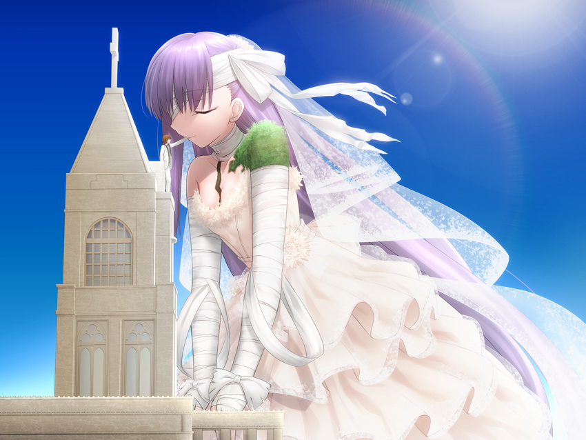 1boy, 1girl, bandage_over_one_eye, bandaged_arm, bandaged_head, bandages, blue_sky, bridal_veil
