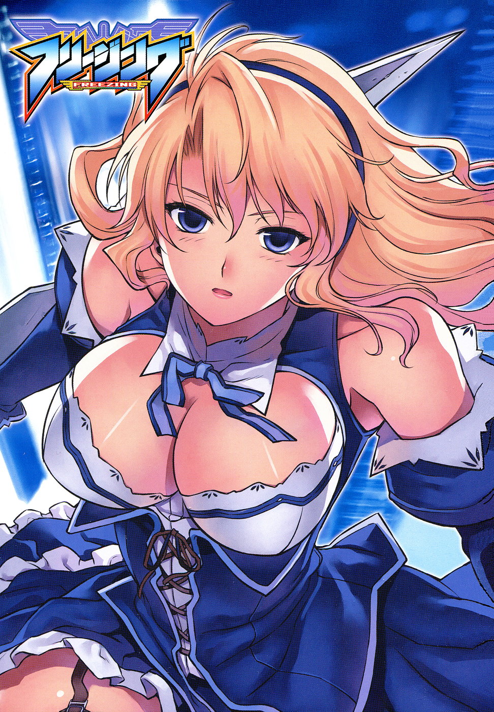 blue_eyes, breasts, bridget_satellizer, cleavage, corset, detached_sleeves, dress, freezing