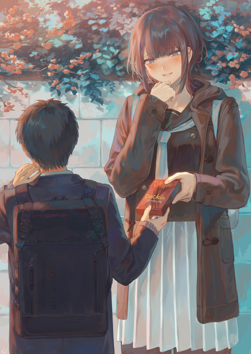1boy, 1girl, bag, black_hair, blue_eyes, blush, brown_hair, commentary_request, food, gift, height_difference, highres, jacket, mashuu_(neko_no_oyashiro), oomikado_himari, original, pocky, school_bag, school_uniform, serafuku, tall_female, valentine, wall