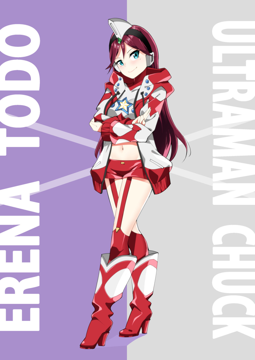 1girl, boots, character_name, closed_mouth, cosplay, crossed_arms, drawstring, garter_straps