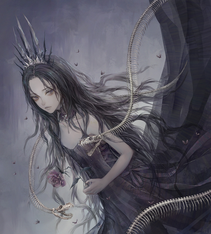 1girl, black_dress, black_hair, bone, breasts, bug, closed_mouth, collar