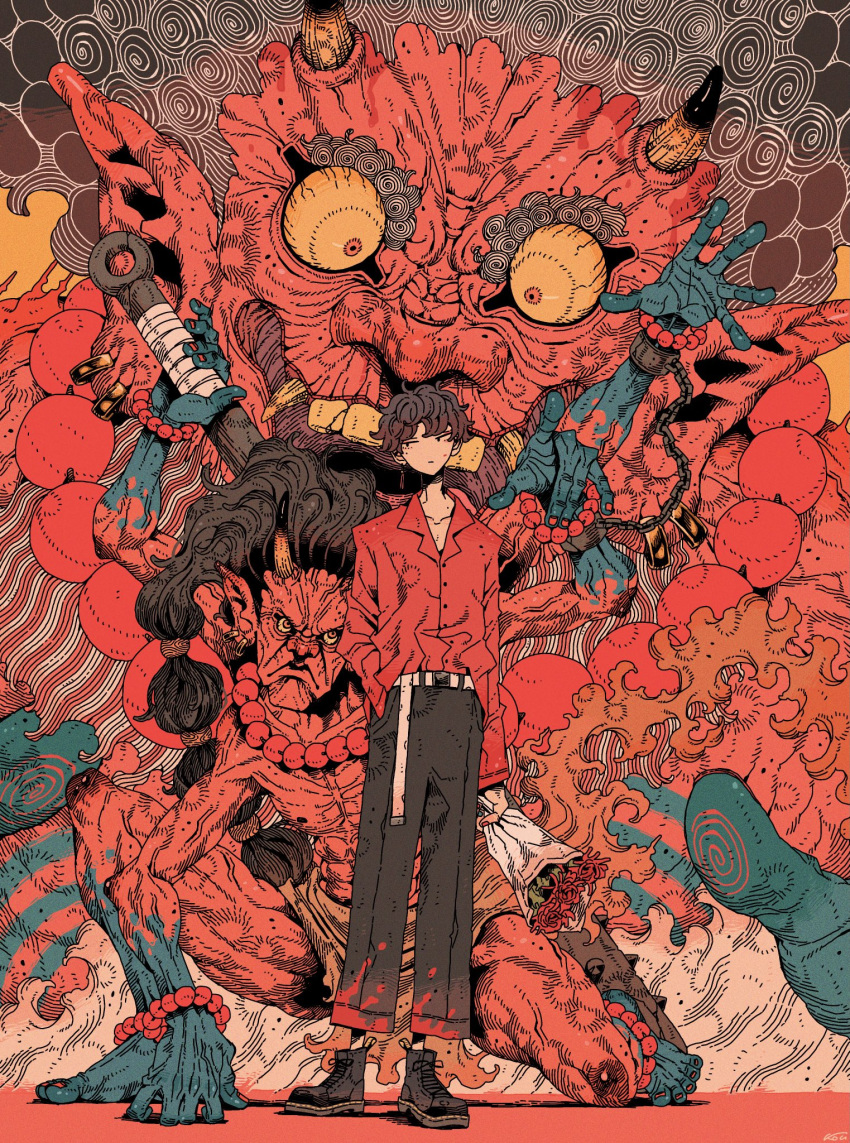 1boy, black_hair, black_pants, bouquet, brown_hair, demon, flower, full_body