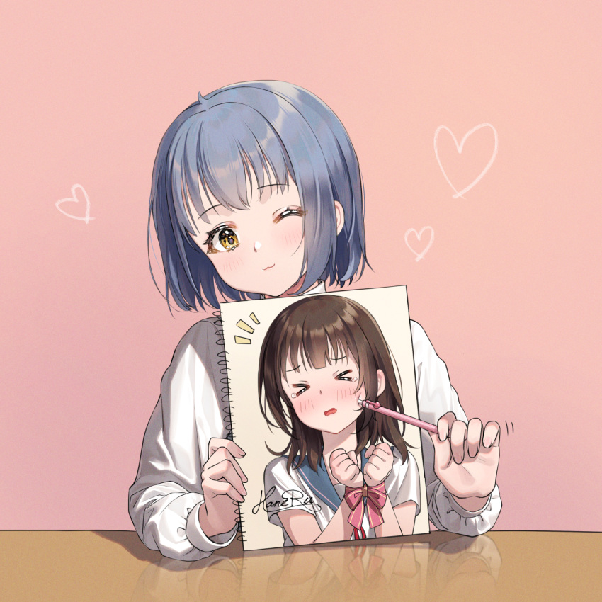 >_<, 2girls, ;3, bangs, blue_hair, blue_sailor_collar, blush, bound