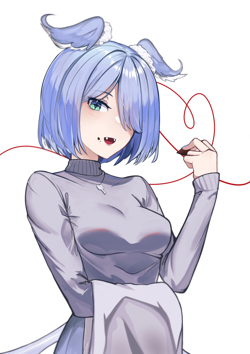 1girl, absurdres, aqua_eyes, blue_hair, bob_cut, chocolate, elira_pendora, fangs