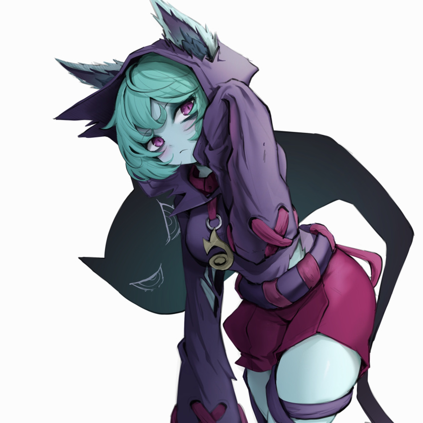 1girl, animal_ears, blush, breasts, colored_skin, curly_hair, eyeliner, green_hair, green_skin, highres, hood, hood_up, hoodie, large_breasts, league_of_legends, living_shadow, looking_at_viewer, makeup, medium_hair, nyamnyam, purple_hoodie, simple_background, skirt, sleeves_past_fingers, sleeves_past_wrists, thighs, torn_clothes, torn_hoodie, torn_sleeve, vex_(league_of_legends), white_background, yordle