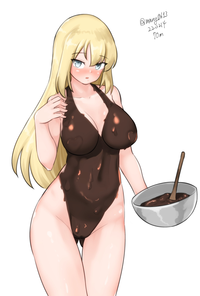 1girl, absurdres, bismarck_(kancolle), blonde_hair, blue_eyes, bodypaint, bowl, breasts