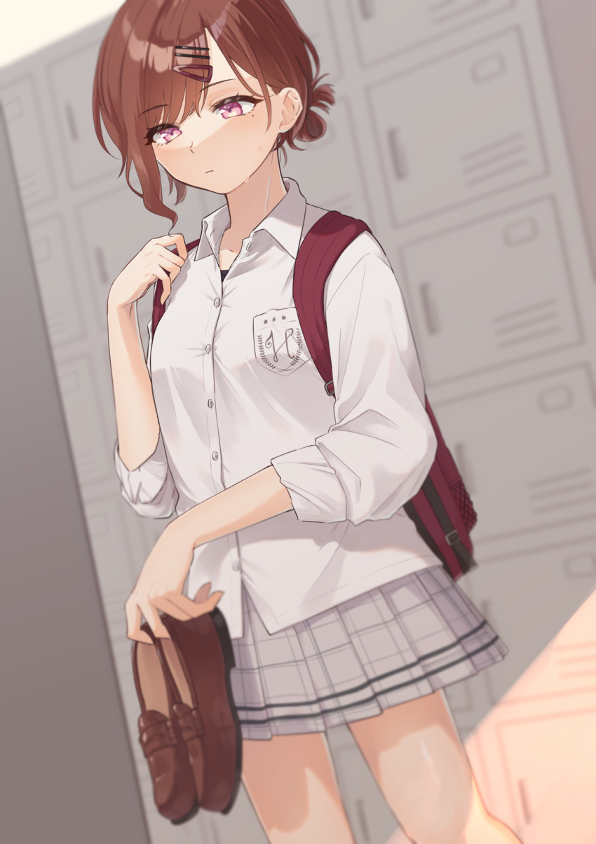 1girl, backpack, bag, bangs, blurry, blurry_background, brown_hair, commentary_request