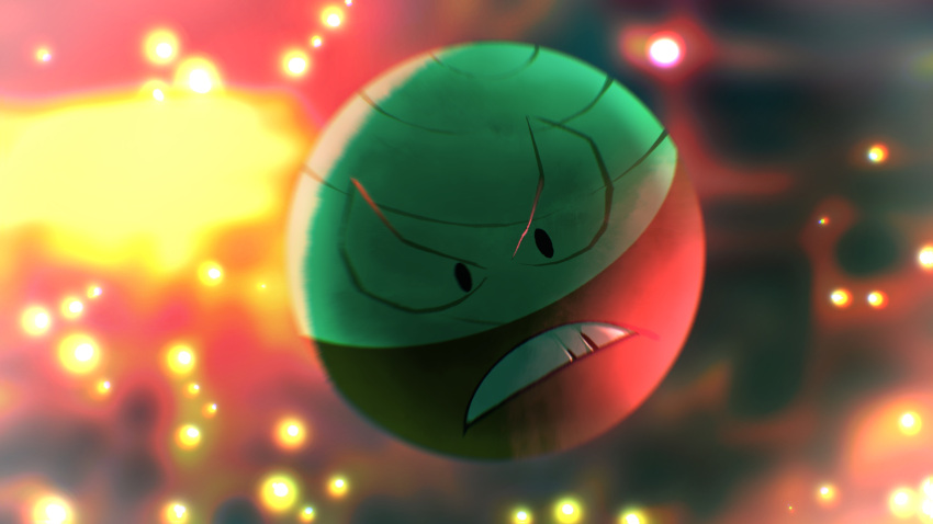 absurdres, black_eyes, blurry, clenched_teeth, commentary, frown, full_body, higa-tsubasa, highres, hisuian_electrode, looking_at_viewer, no_humans, pokemon, pokemon_(creature), solo, teeth