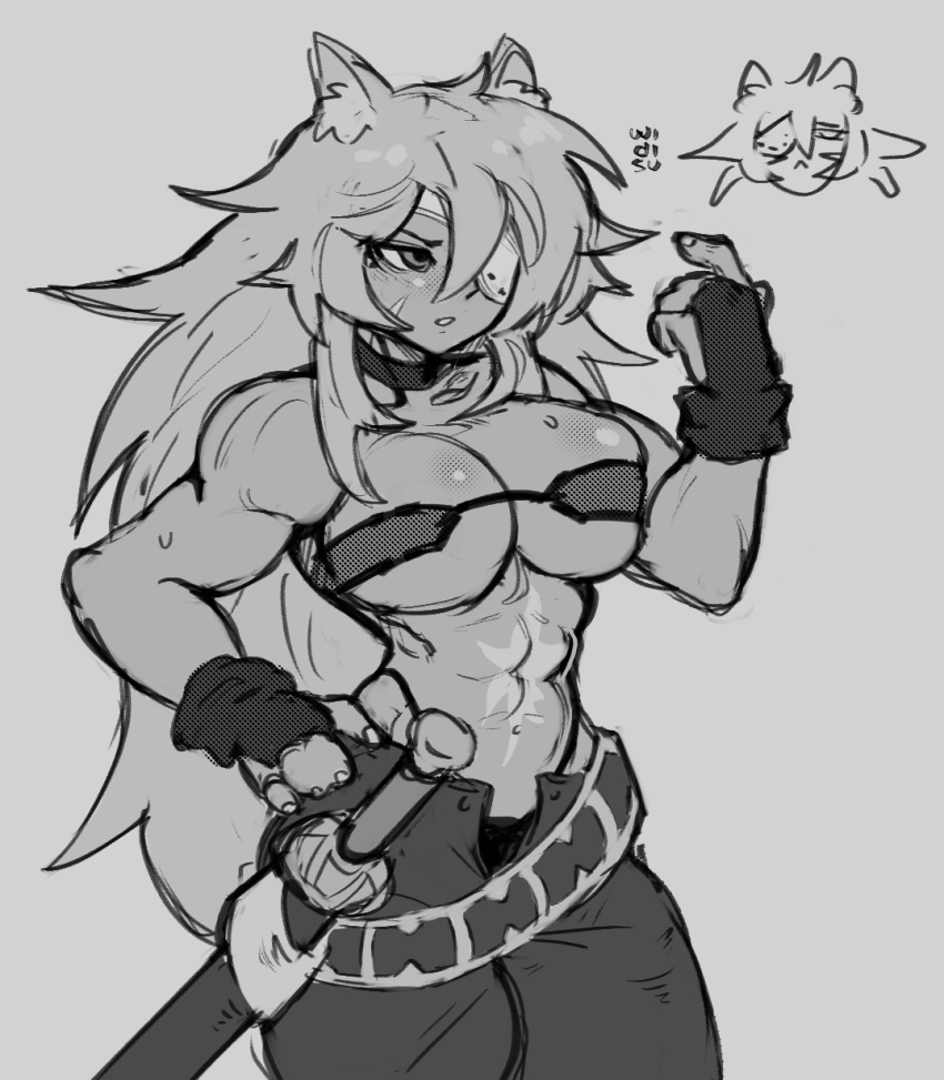 1girl, abs, animal_ears, artist_name, biceps, eyebrows_visible_through_hair, eyepatch, fingerless_gloves