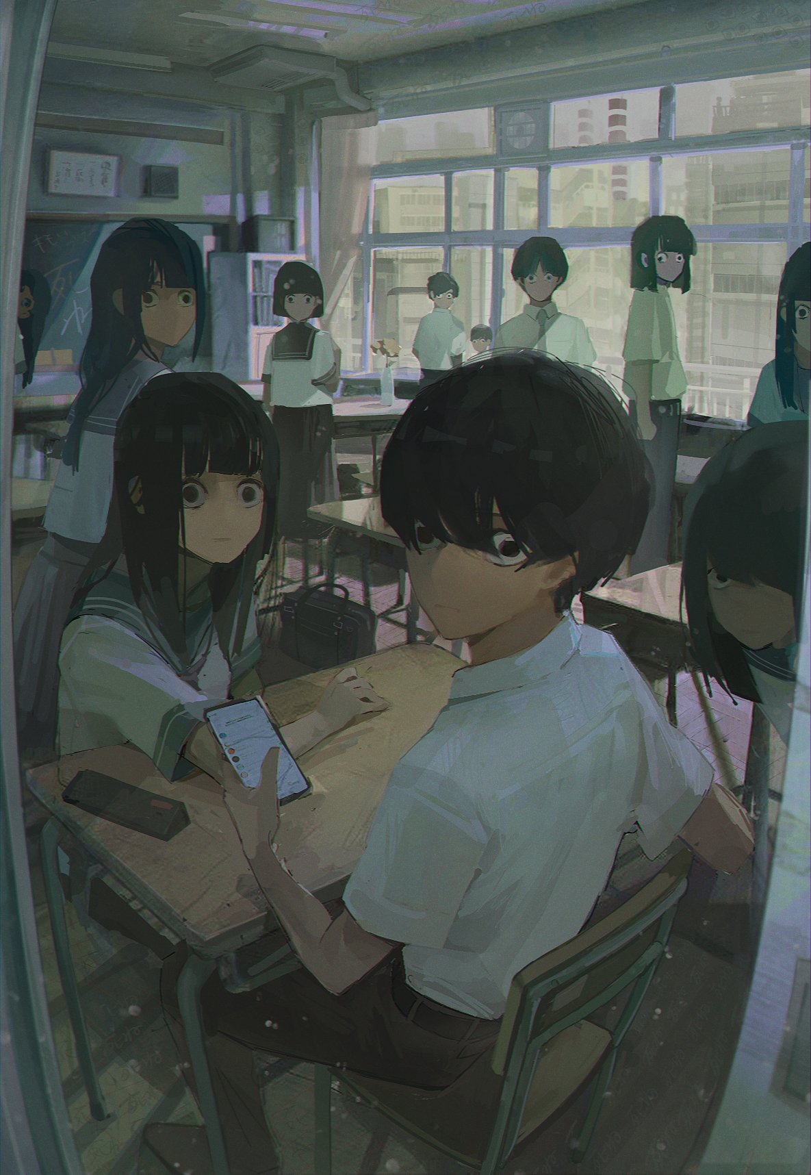 bag, bangs, black_hair, black_necktie, black_pants, black_skirt, blunt_bangs, bookshelf