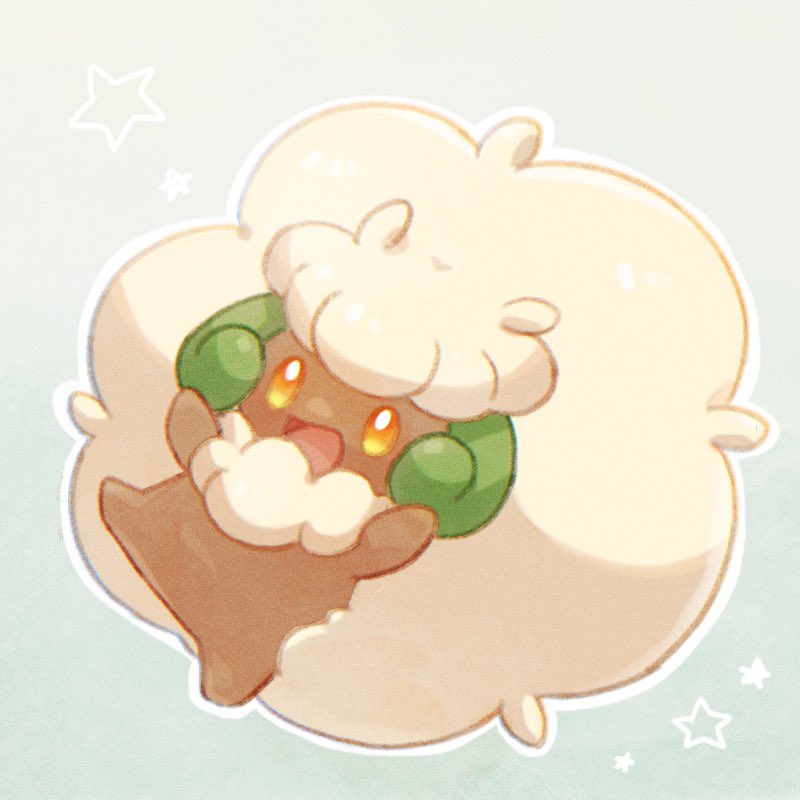 :d, commentary_request, full_body, happy, no_humans, oniwa_nwai, open_mouth, orange_eyes, outline, pokemon, pokemon_(creature), smile, solo, star_(symbol), tongue, whimsicott