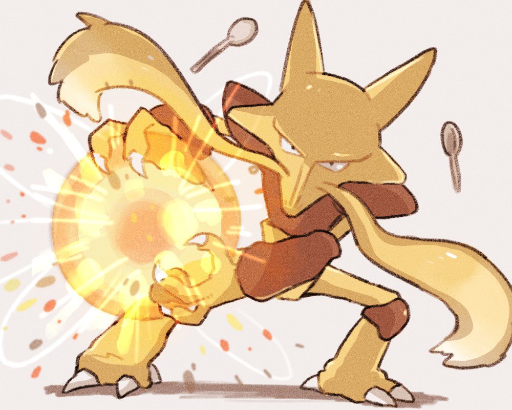 alakazam, black_eyes, claws, commentary_request, energy_ball, grey_background, legs_apart, looking_at_viewer