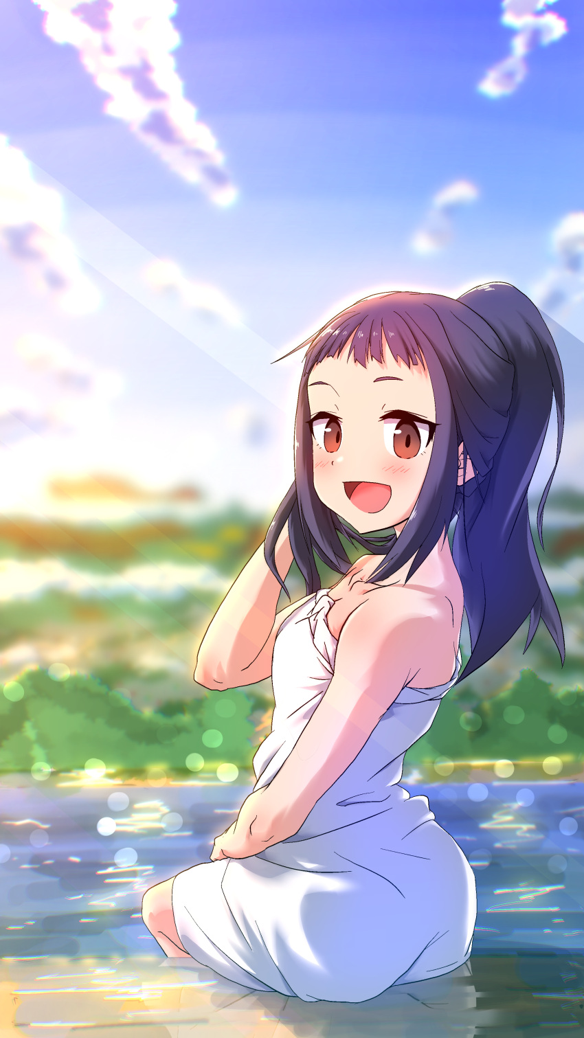 1girl, :d, absurdres, blurry, blurry_background, brown_eyes, highres, long_hair