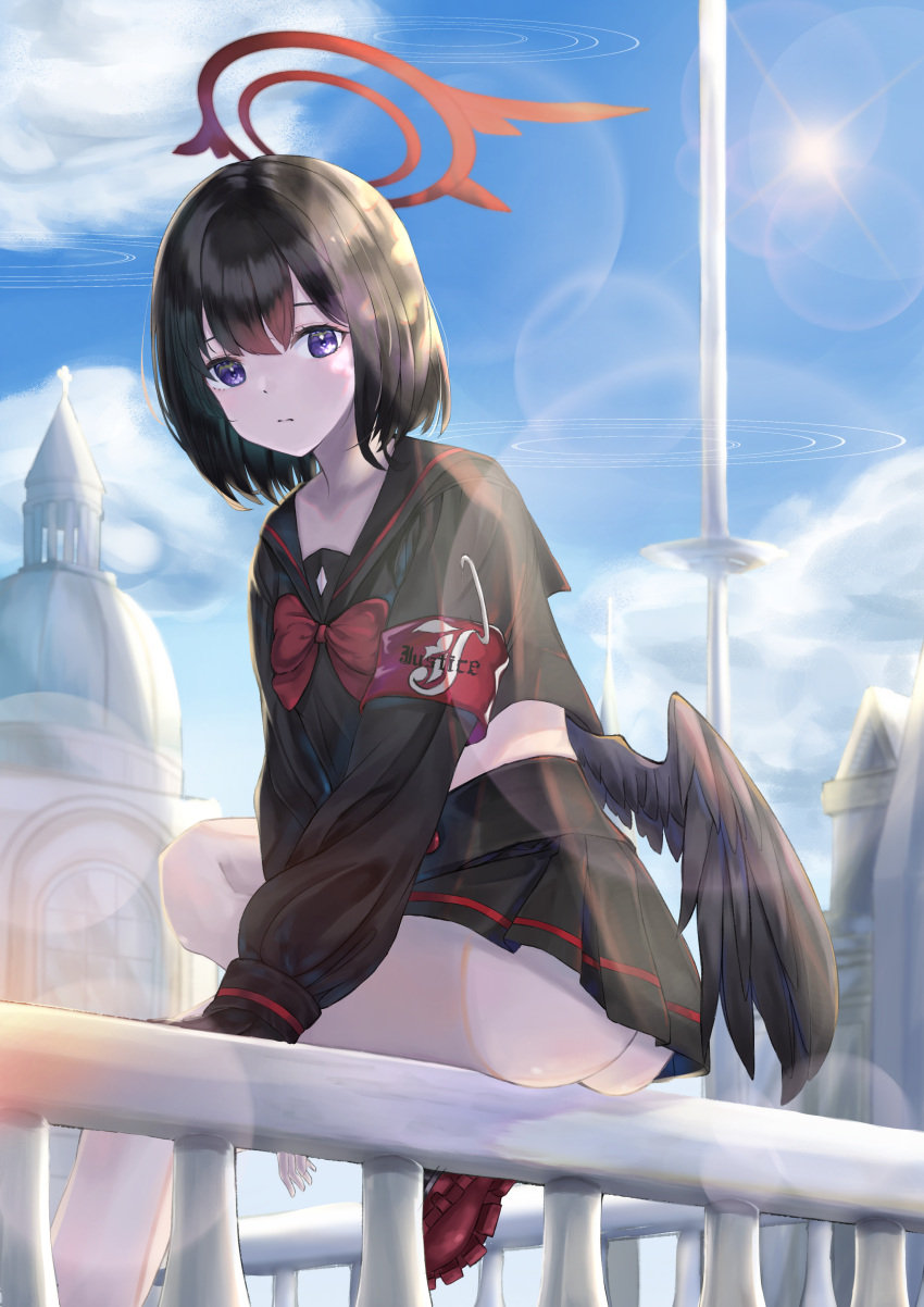 1girl, absurdres, armband, ass, black_hair, black_sailor_collar, black_serafuku, black_skirt