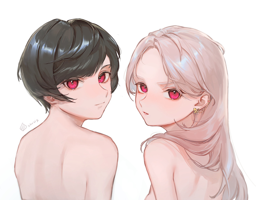 2girls, black_hair, blonde_hair, closed_mouth, commentary, dated, earrings, from_behind