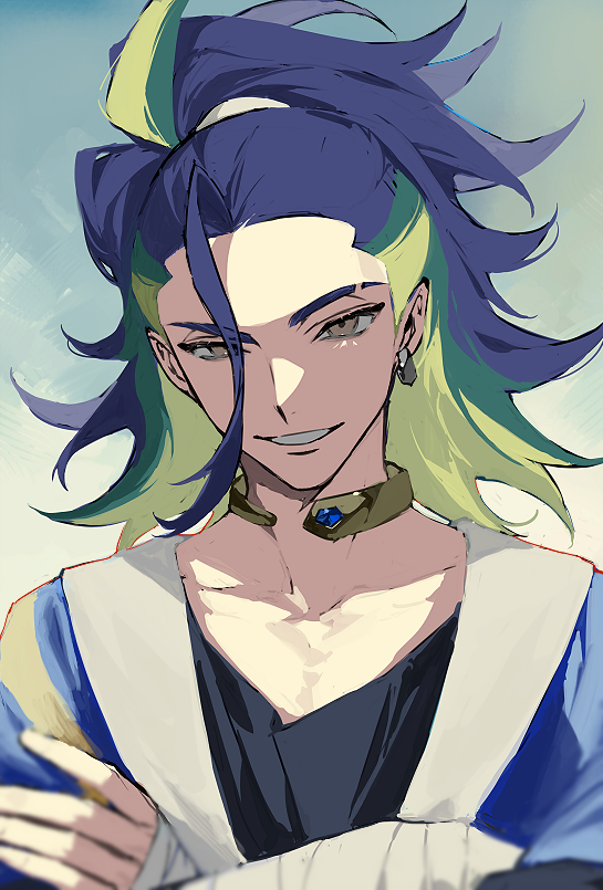 1boy, adaman_(pokemon), blue_coat, blue_hair, brown_eyes, coat, crossed_arms, earrings, eyebrow_cut, green_hair, grin, jewelry, male_focus, multicolored_hair, namakawa, pokemon, pokemon_(game), pokemon_legends:_arceus, ponytail, smile, solo, symbol-only_commentary