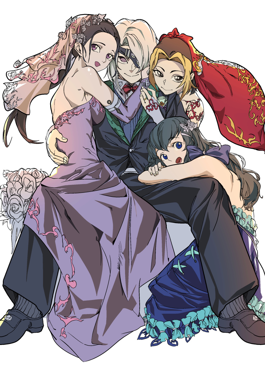 1boy, 3girls, absurdres, arm_tattoo, bare_shoulders, black_hair, blonde_hair, blue_dress, blue_eyes, bow, bowtie, breasts, bridal_veil, dress, eyepatch, fingerless_gloves, flower, frilled_dress, frills, full_body, gloves, hair_bow, hand_on_another's_back, harem, highres, hinatsuru_(kimetsu_no_yaiba), hu_tu, hug, hug_from_behind, husband_and_wives, kimetsu_no_yaiba, kneeling, looking_at_viewer, makio_(kimetsu_no_yaiba), multiple_girls, pants, red_bow, red_bowtie, rose, simple_background, sitting, sitting_on_lap, sitting_on_person, sleeveless, sleeveless_dress, smile, suma_(kimetsu_no_yaiba), tattoo, tuxedo, uzui_tengen, valentine, veil, violet_eyes, white_background, white_hair