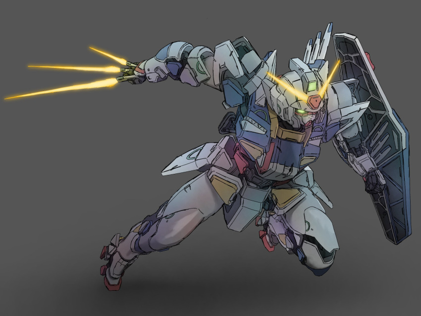 beam_saber, beginning_gundam, between_fingers, glowing, glowing_eye, grey_background, gundam, gunpla_builders_beginning_g
