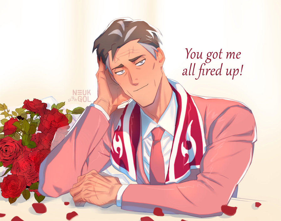 1boy, alternate_costume, bangs, bouquet, brown_hair, closed_mouth, collared_shirt, commentary