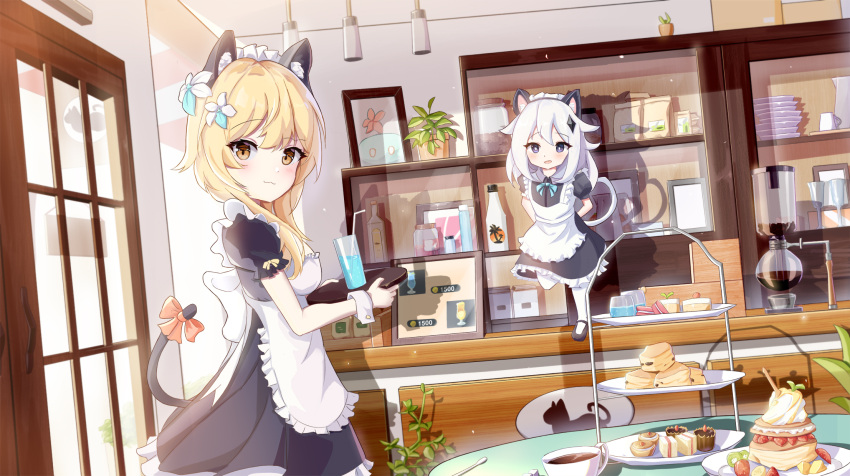 2girls, :3, aaaaabk!, alternate_costume, animal_ears, animal_print, apron, arms_behind_back, black_footwear, blonde_hair, bow, cafe, cake, cake_slice, cat_ears, cat_girl, cat_print, cat_tail, chinese_commentary, closed_mouth, cowboy_shot, cup, dessert, door, drink, enmaided, eyebrows_visible_through_hair, fake_animal_ears, floating, flower, food, fruit_sandwich, full_body, genshin_impact, hair_between_eyes, hair_flower, hair_ornament, hair_over_shoulder, highres, holding, holding_tray, indoors, lights, long_bangs, looking_at_viewer, maid, maid_apron, maid_headdress, medium_hair, multiple_girls, open_mouth, paimon_(genshin_impact), pastry, photo_(object), photo_frame, plant, plate, potted_plant, price_tag, puffy_short_sleeves, puffy_sleeves, shadow, shelf, short_sleeves, tail, tail_bow, tail_ornament, tray, violet_eyes, vision_(genshin_impact), white_apron, white_hair, white_legwear, wrist_cuffs, yellow_eyes