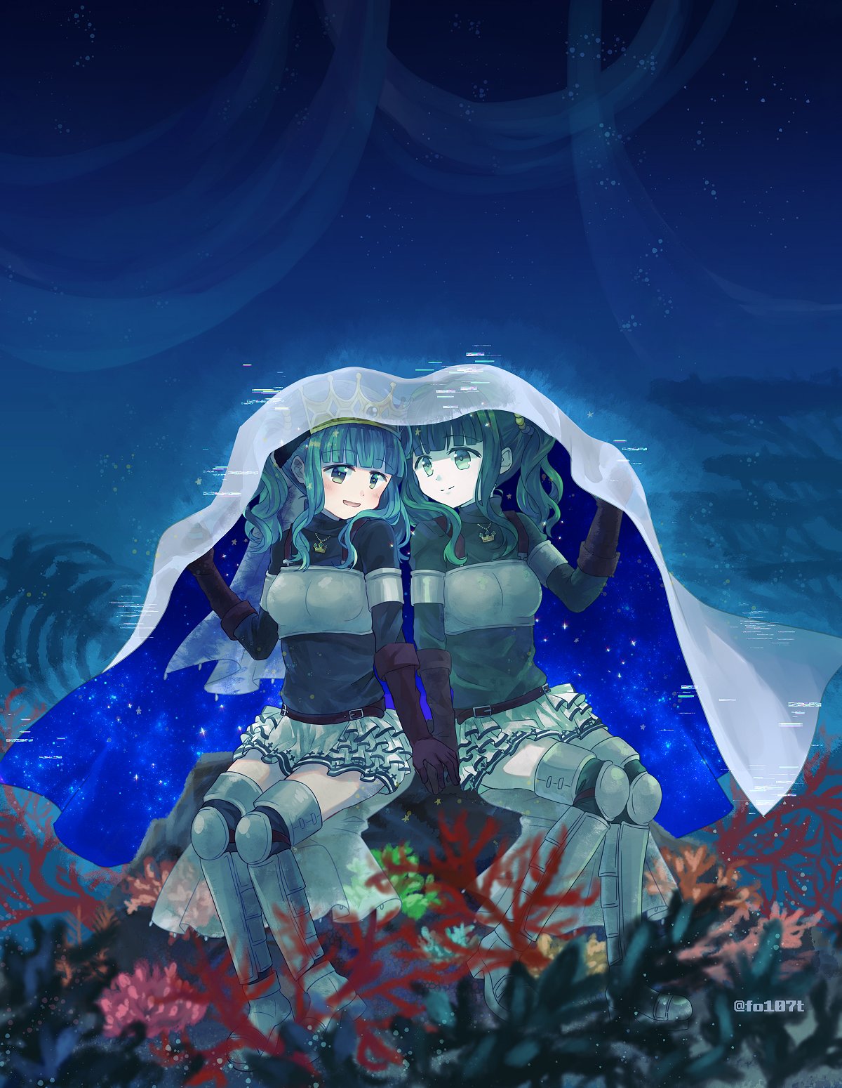 2girls, ai-chan_(magia_record), armor, coral_reef, dual_persona, futaba_sana, green_hair, highres