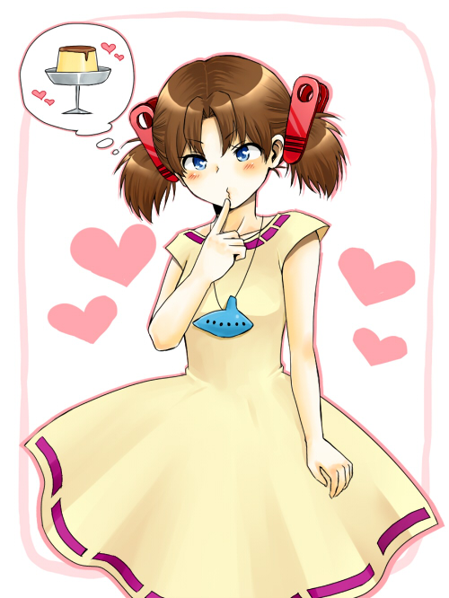 1girl, blue_eyes, blush, brown_hair, cappuccino1, dress, food, hair_ornament