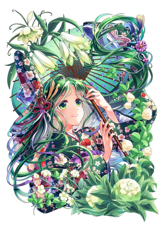 1girl, floating_hair, floral_print, green_eyes, green_hair, green_kimono, green_umbrella, grin