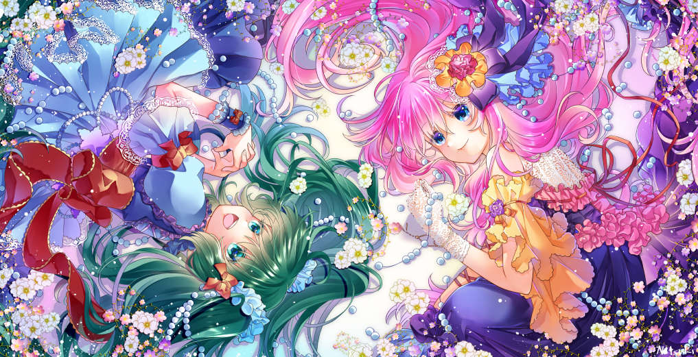 2girls, :d, back_bow, bangs, blue_dress, blue_eyes, bow, closed_mouth