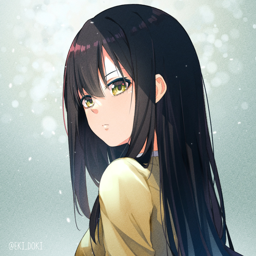 1girl, bangs, black_hair, blazer, closed_mouth, eki_doki, from_side, grey_background