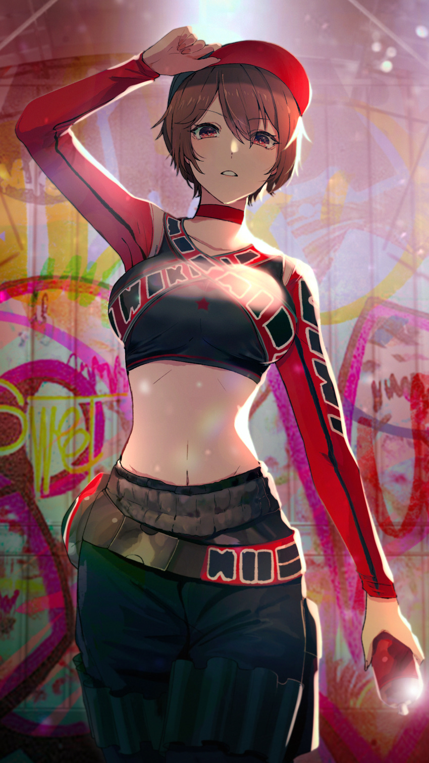 1girl, absurdres, arm_up, bangs, baseball_cap, black_pants, breasts, brown_hair