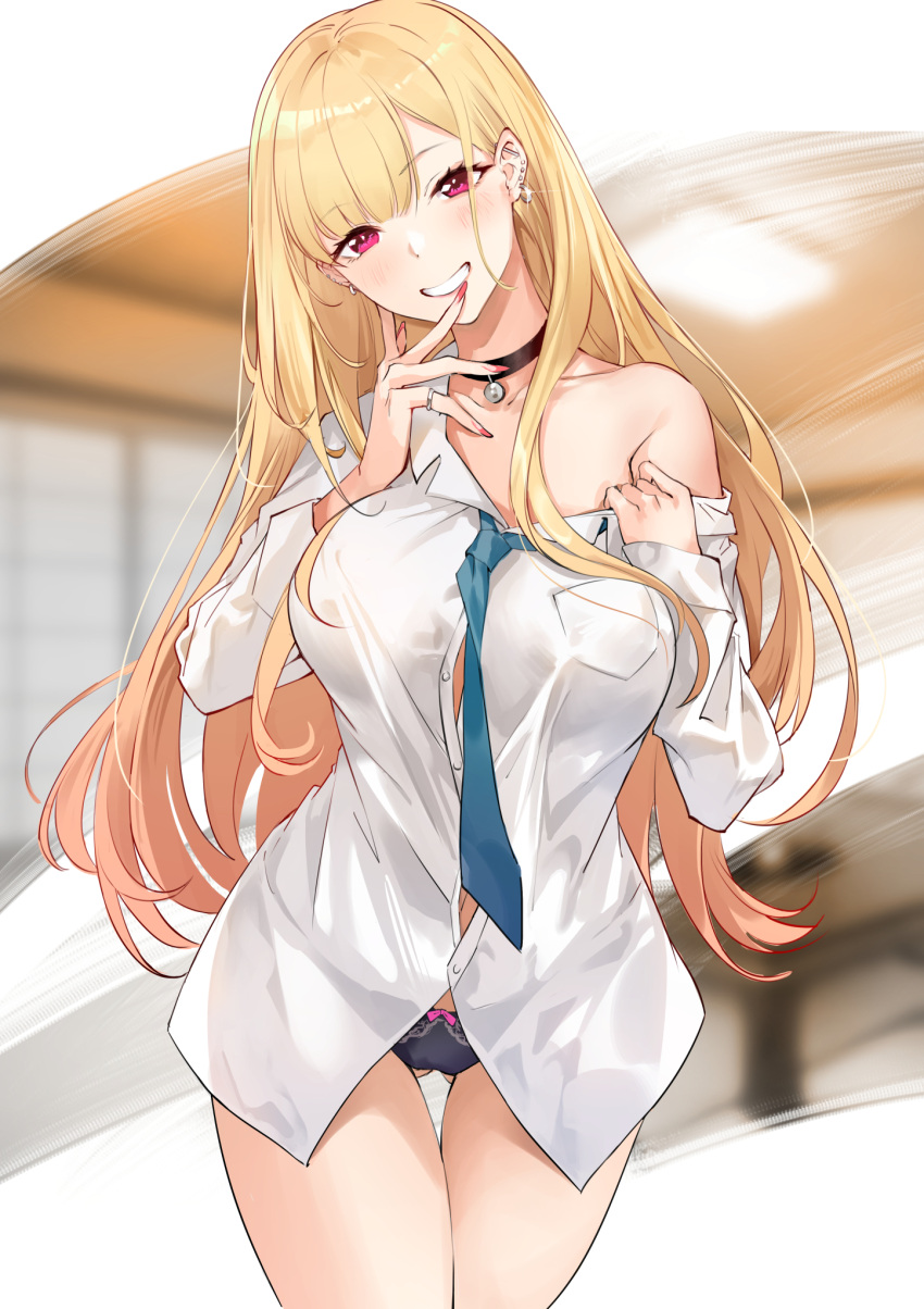 1girl, ass_visible_through_thighs, barbell_piercing, black_choker, black_panties, blonde_hair, blush, bow