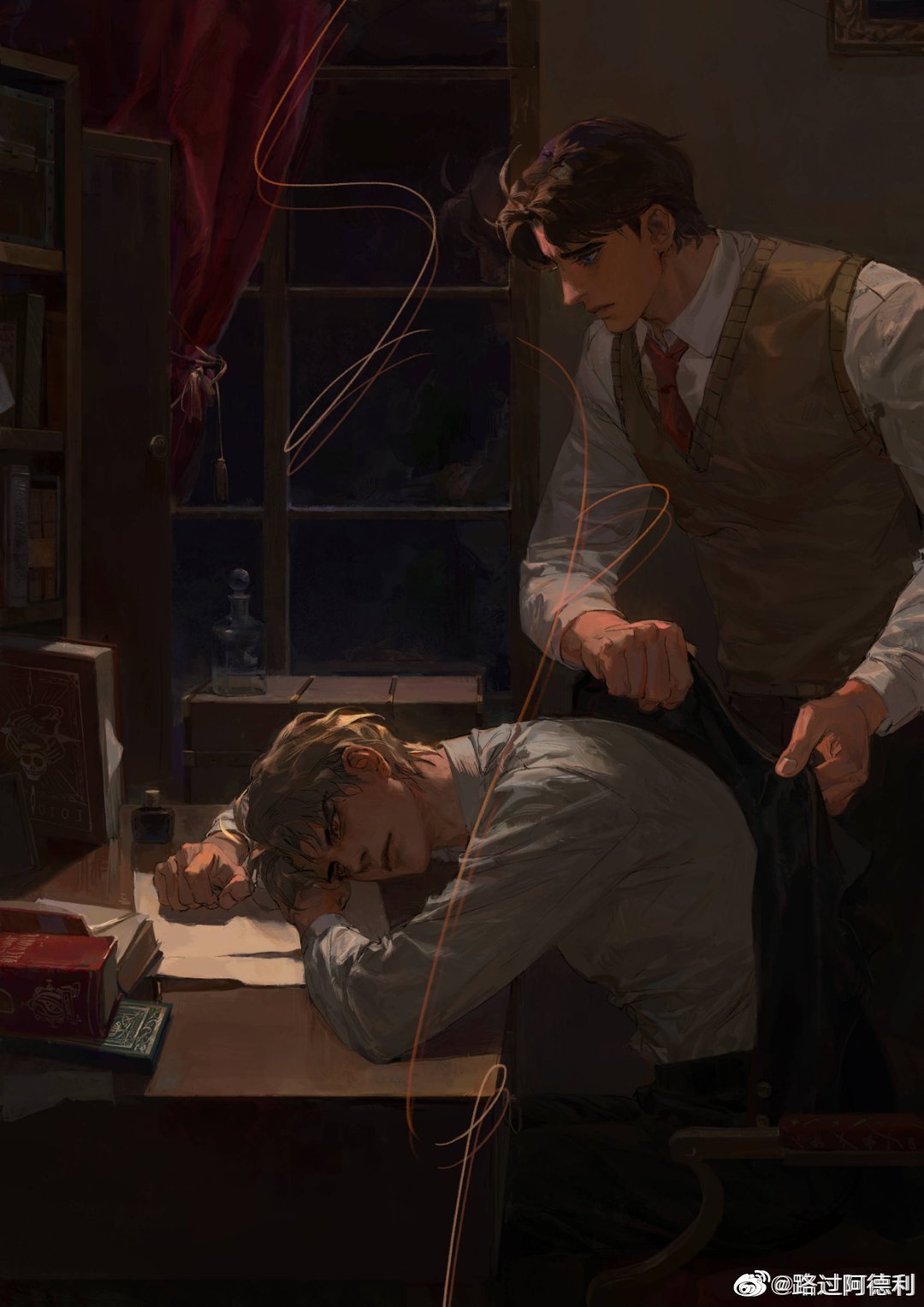 2boys, blonde_hair, bookshelf, brown_vest, collared_shirt, covering_with_clothes, curtains, dio_brando
