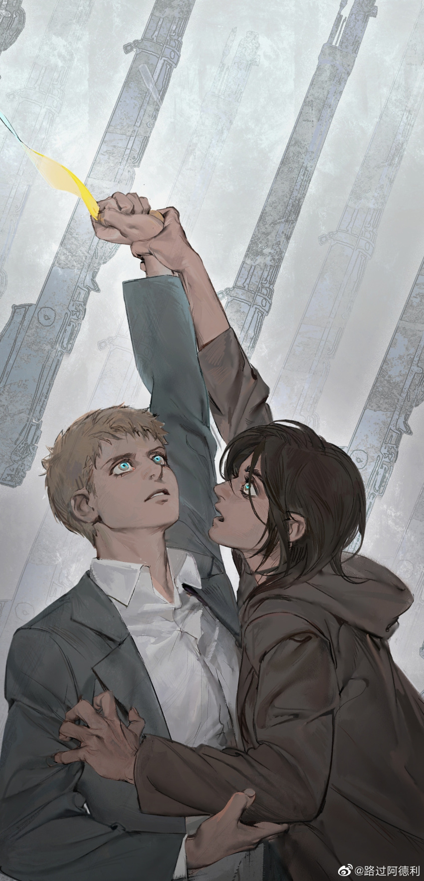 1boy, 1girl, absurdres, arm_up, armband, blonde_hair, blue_eyes, brown_jacket
