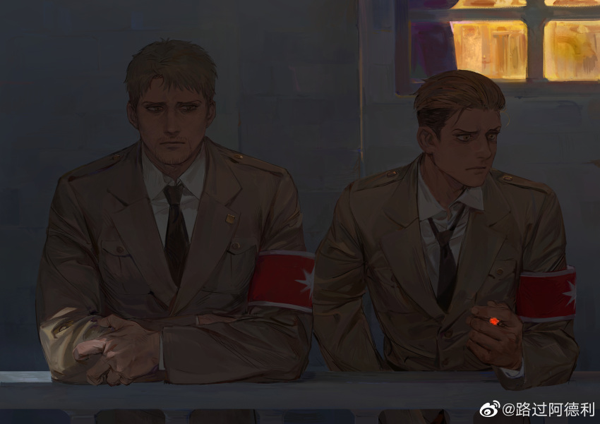 2boys, absurdres, armband, beige_jacket, black_necktie, blonde_hair, cigarette, highres