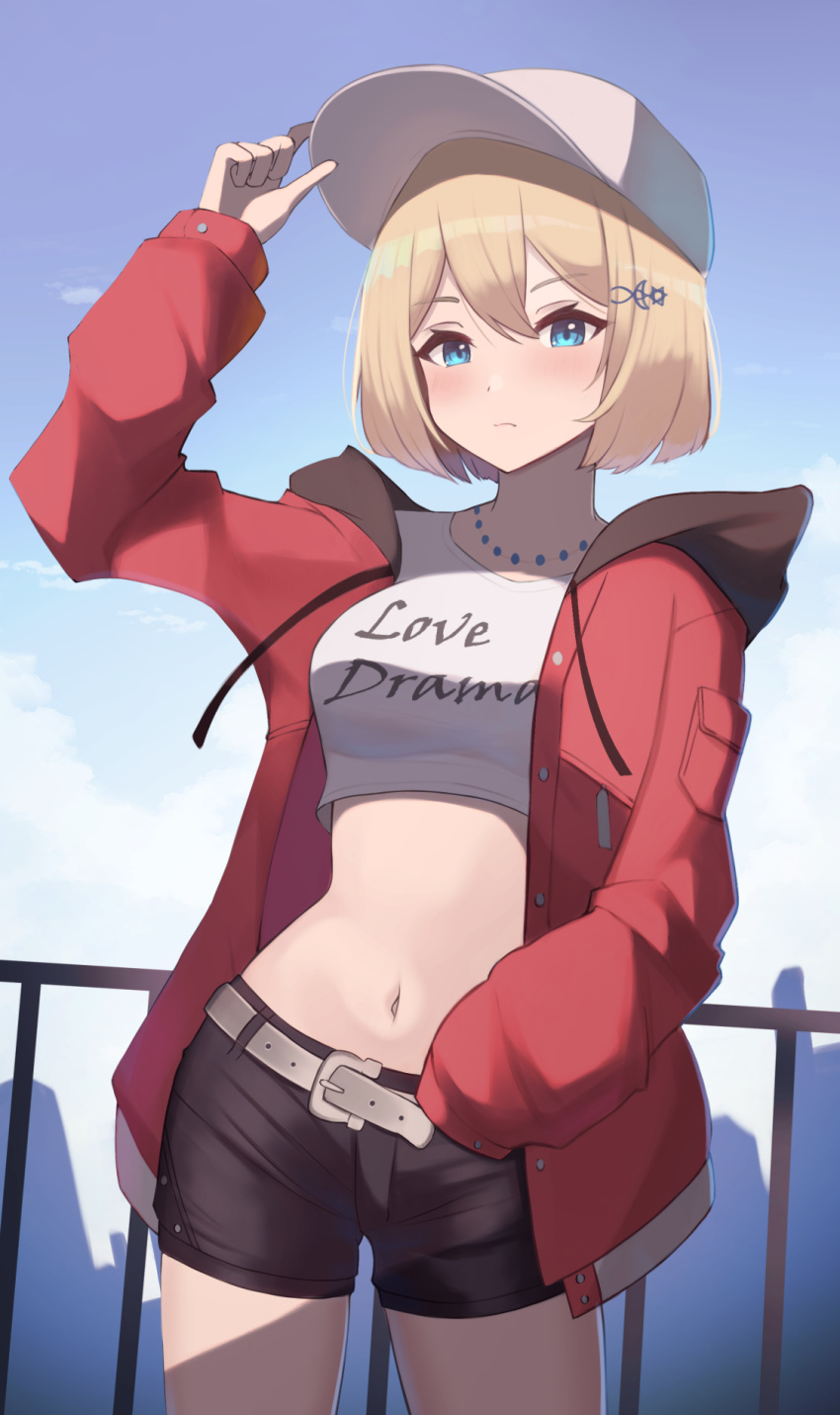 1girl, adjusting_clothes, adjusting_headwear, baseball_cap, belt, black_shorts, blonde_hair, blue_eyes