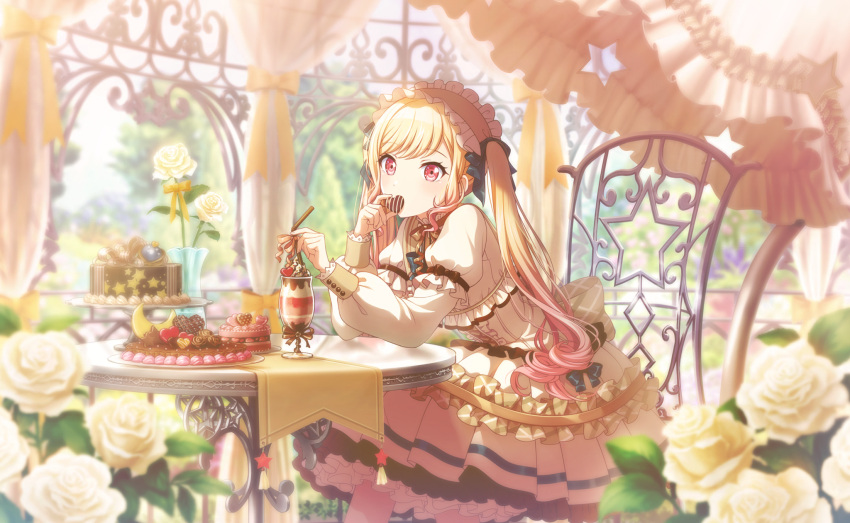 1girl, back_bow, bangs, blonde_hair, blurry, blurry_background, bow, cake, cake_stand, candy, chair, chocolate, chocolate_cake, colored_tips, colorful_palette, corset, covered_mouth, crescent, cup, curly_hair, curtains, day, depth_of_field, doily, dot_nose, dress, drinking_glass, drinking_straw, eyebrows_visible_through_hair, flower, flower-shaped_chocolate, food, frilled_dress, frilled_hairband, frilled_sleeves, frills, garden, gradient, gradient_hair, hair_ribbon, hairband, heart, heart-shaped_chocolate, highres, ice_cream, juliet_sleeves, layered_dress, leaf, lolita_fashion, lolita_hairband, long_sleeves, looking_at_viewer, moon, moon-shaped_chocolate, multicolored_hair, neck_ribbon, official_art, on_chair, parasol, pink_hair, plaid, plaid_bow, plaid_dress, plate, pleated_dress, polka_dot, project_sekai, puffy_sleeves, railing, red_eyes, ribbon, rose, rose-shaped_chocolate, shade, short_dress, sidelocks, single_horizontal_stripe, sitting, solo, sprinkles, star-shaped_chocolate, star_cutout, strawberry_shortcake, sweet_lolita, swept_bangs, syrup, table, tablecloth, tassel, tenma_saki, tree, two-tone_hair, umbrella, underbust, valentine, vase, whipped_cream, yellow_bow, yellow_flower, yellow_rose, yellow_theme