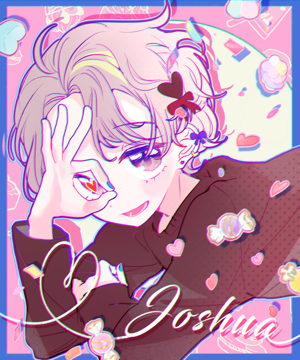 1boy, bow, character_name, dear_vocalist, ear_piercing, earrings, grey_hair, hair_ornament